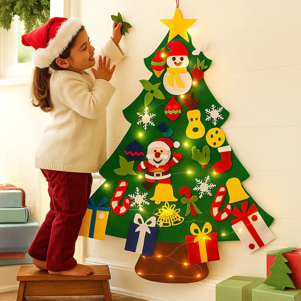 FieltroLuz™ – Árbol navideño Montessori con luces y adornos reutilizables